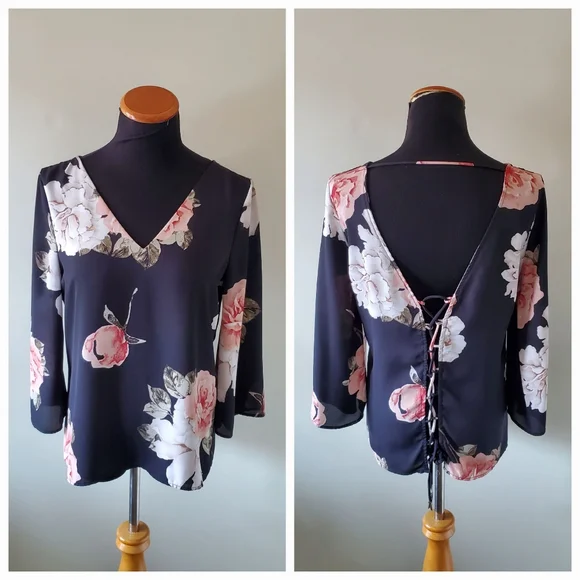 Dynamite S Soft Romantic Whimsigoth Fairy Grunge Floral Criss-Cross Back Blouse - Picture 2 of 11